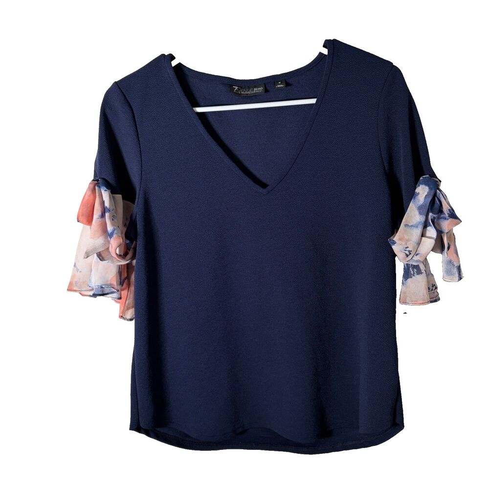 7th Avenue New York Blouse Women's Medium Navy Blue V-Neck Ruffle Short Sleeve